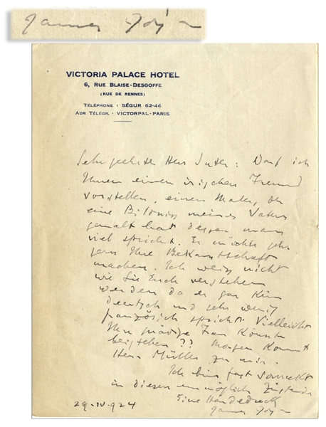 James Joyce Autograph Letter Signed in 1923, Shortly After the Publication of Ulysses in 1922 -- ...I am almost going out of my mind in this impossible situation...
